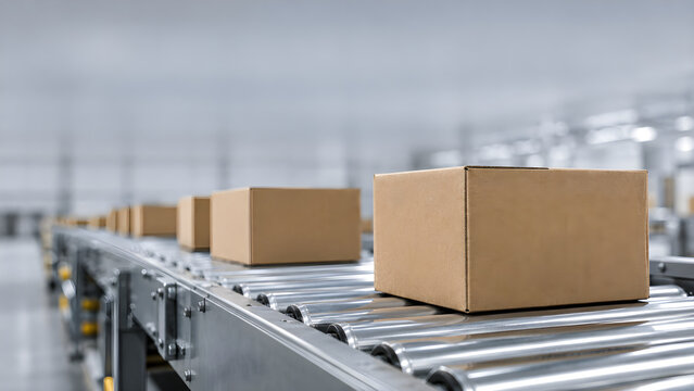 Close-up of cardboard boxes on a metal roller conveyor inside a warehouse distribution centre, no people visible