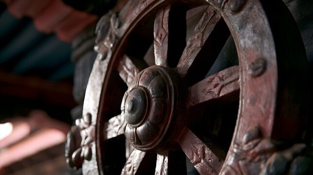 Close up of an intricately carved wooden Dharma wheel with detailed floral patterns and aged texture under soft lighting