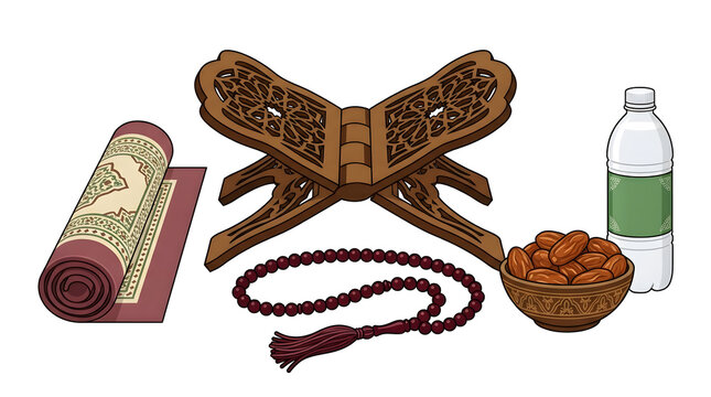 Islamic Ramadan Kareem items collection, wooden rehal stand with prayer beads mat and dates fruit for Muslim worship