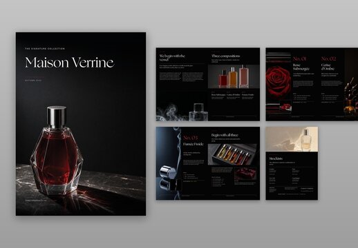 Luxury Product Brochure Template, Perfume & Fragrance Catalog, Cosmetics Catalogue & Beauty Lookbook in Elegant Black