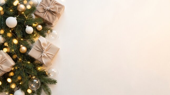 Christmas tree with gifts, glowing lights and elegant ornaments border on white background with copy space