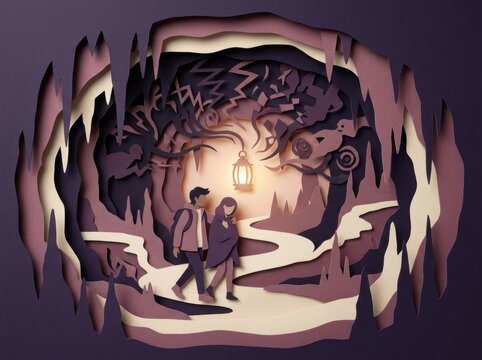 Friends journey through a mysterious paper cut cave illuminated by a glowing lantern
