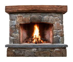 Obraz premium PNG Rustic stone fireplace with warm glowing fire isolated on white