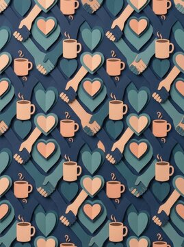 Mental health peer support seamless pattern with paper cutouts of shaking hands, hearts, and coffee