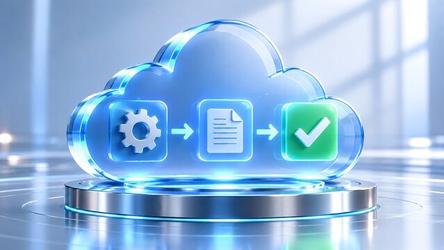 Transparent glass cloud containing gear document and checkmark icons illustrating automated digital workflow and task completion