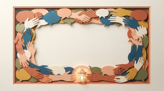 Paper cut frame of diverse hands and speech bubbles symbolizing unity and community