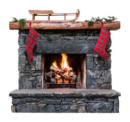 Obraz premium PNG Rustic stone fireplace with stockings, fire, and wooden sled