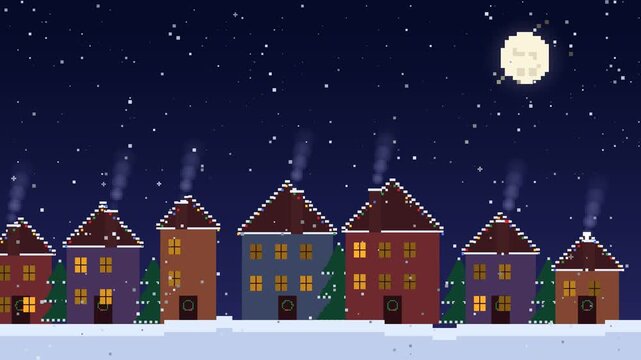 Pixel art snowy village at night with glowing windows, snow covered rooftops and gentle snowfall, cozy retro 8 bit Christmas background