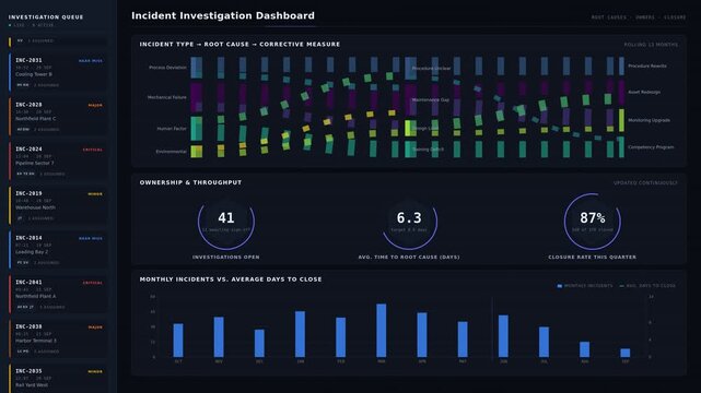 Explore a detailed incident investigation dashboard showcasing root causes, owners, and closure metrics with a sleek dark design and dynamic animated elements.