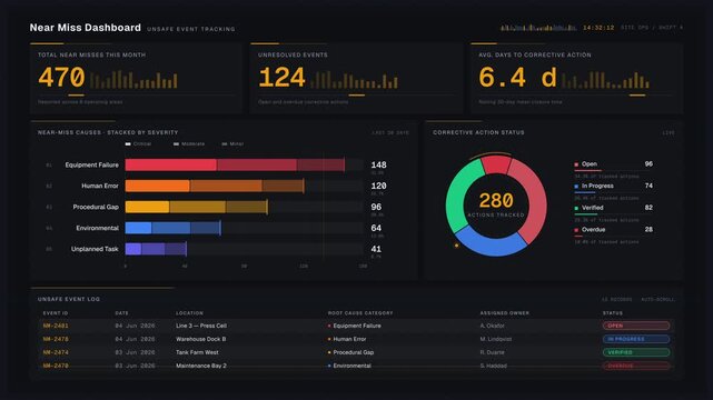 A detailed dark-mode near miss dashboard showcasing unsafe event tracking with interactive KPI metrics, bar charts, and donut charts in a cinematic style.