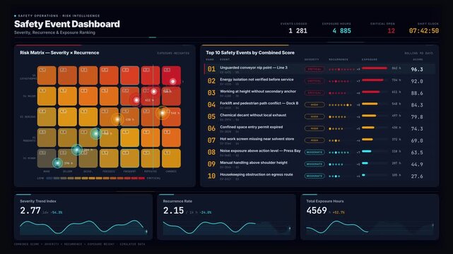 Explore a detailed safety event dashboard featuring a risk-matrix heat map, ranked leaderboard, and sparkline cards in a sleek dark mode interface. for commercial creative technology and business use.