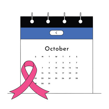 October Awareness: A pink ribbon and calendar marked for October signifies breast cancer awareness month, urging early detection and support.