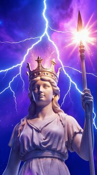 Statue of a crowned goddess holding a glowing spear during a powerful lightning storm in a cosmic sky.