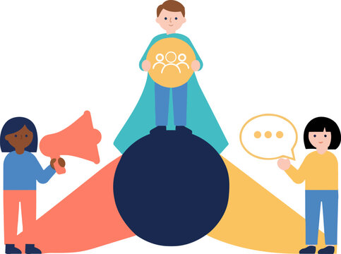 Illustrated team collaboration concept with diverse professionals sharing ideas and amplifying voice