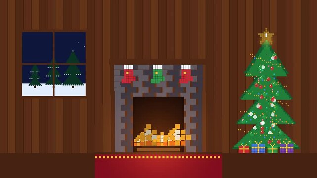 Cozy pixel art cabin interior with a crackling fireplace, stockings and a decorated Christmas tree, warm retro game holiday scene
