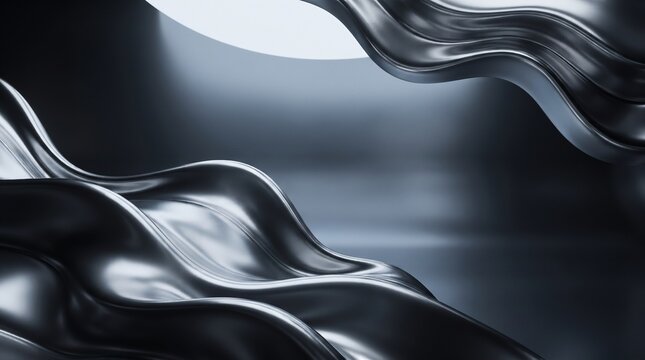 Abstract dark metallic chrome fluid wave background with liquid silver curves and reflective light glow, futuristic technology backdrop, generative AI