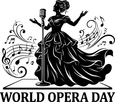 World Opera Day detailed silhouette vector of opera singer in elegant gown performing at vintage microphone with flowing musical notes isolated on white background.