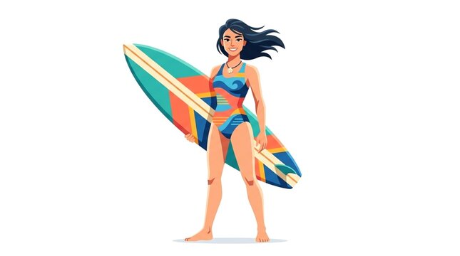 Female Surfer Ocean Character Flat Vector