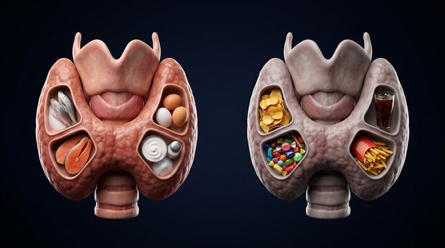 Comparison of healthy and unhealthy diets impacting thyroid gland function and overall endocrine system health.