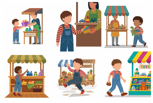 Set of flat vector illustrations of children shopping for toys and gifts at various market stalls with friendly shopkeepers