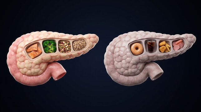 Comparison of healthy and unhealthy pancreases showing the impact of diet on organ health and function.