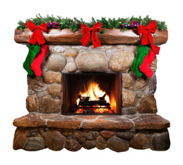 Obraz premium PNG Rustic stone fireplace decorated with festive Christmas greenery and bows
