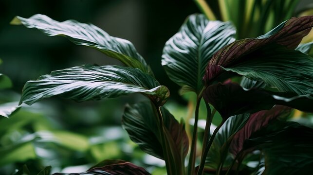 Lush tropical foliage with broad green leaves featuring intricate veining and subtle purple undertones in a dimly lit natural setting