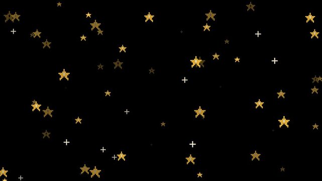 Twinkling pixel art gold stars sparkling and fading on black background, retro 8 bit festive star overlay