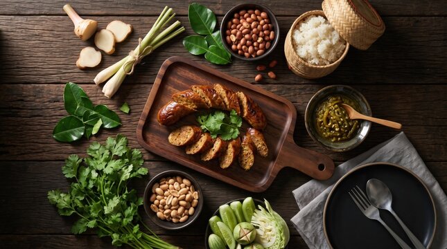 Traditional Northern Thai spicy pork sausage Sai Oua sliced on a wooden board, served with sticky rice, chili dip, peanuts, fresh herbs, and raw vegetables on a rustic dark wooden background.