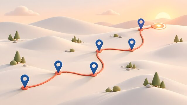 Winding 3D red roadmap pathway with blue location pin markers across hills towards sunrise illustrating business strategy project milestones and customer journey