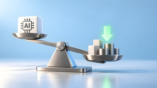 Balancing scale showing artificial intelligence technology block and stack of coins with downward green arrow representing cost reduction and smart investment.