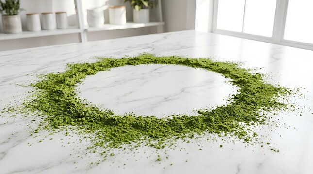 Vibrant green matcha powder arranged in a circle on a luxurious white marble kitchen countertop.