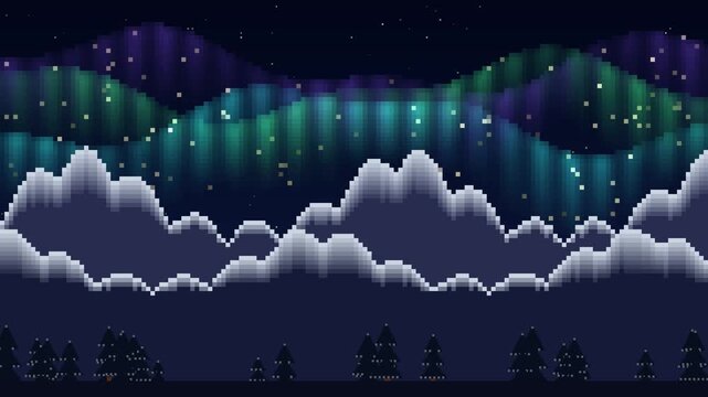 Pixel art northern lights glowing green and purple over snowy mountains and pine trees, calm retro winter night landscape
