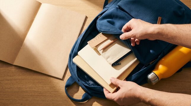 Hands packing a blue backpack with notebooks and stationery on a wooden table surface area with Person putting notebooks pencil case blue fabric backpack wooden desk