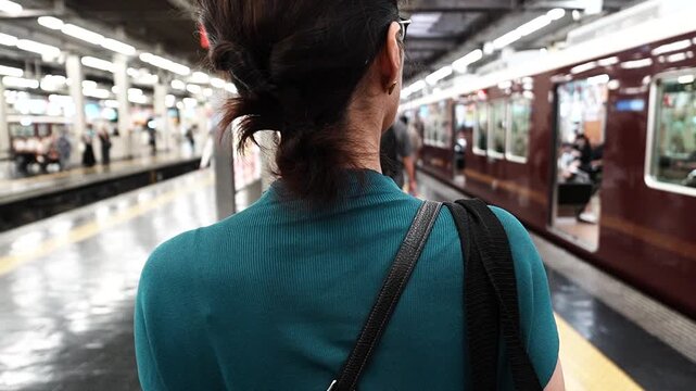 プラットホームを歩く女性　スローモーション