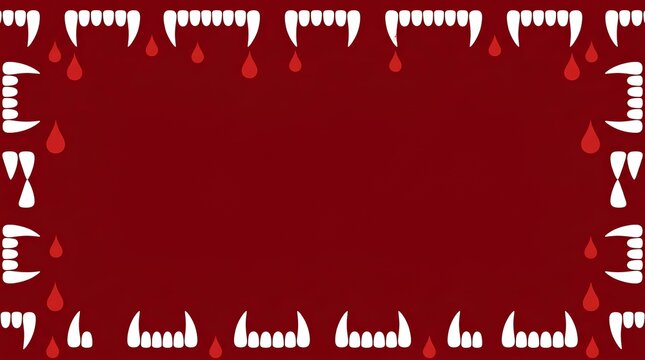 Red background framed by white vampire fangs and blood drops.