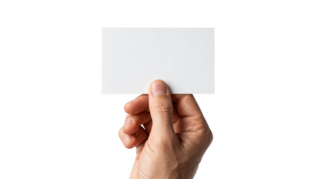 Human hand holding a blank white textured business card, isolated on transparent background