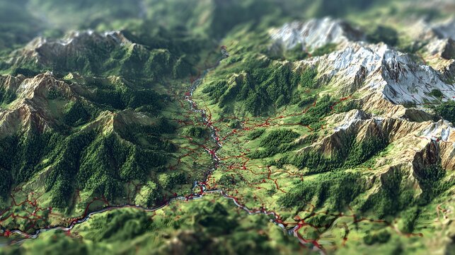 Beautiful miniature tilt shift 3D topographical map illustration showing green mountain valley and glowing red road networks suitable for logistics planning geographic data visualization and travel ad