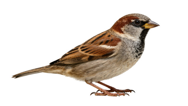 Male house sparrow with brown and grey plumage, isolated on transparent background
