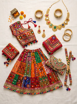Colorful navratri traditional clothing, jewelry and dandiya sticks flat lay