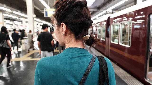 プラットホームを歩く女性　スローモーション