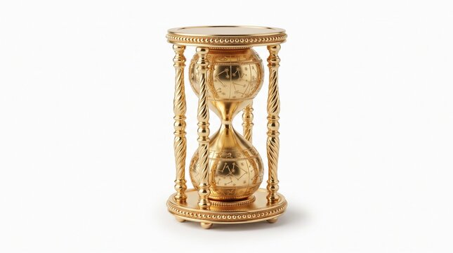 Vintage golden brass hourglass, ornate gold sand timer with intricate details, antique time management measurement instrument isolated PNG with Transparent Background