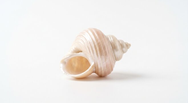 Single spiral seashell with pearlescent cream and blush tones on white background