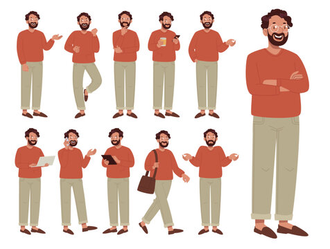 Bearded man character vector design set in various poses