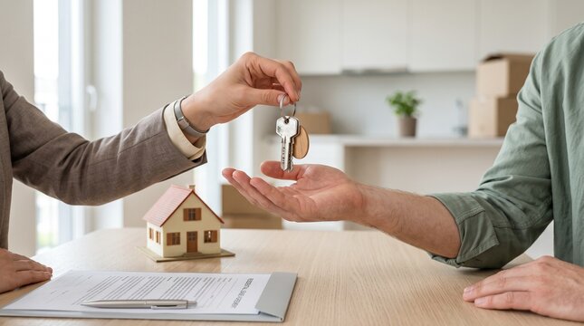 Real estate agent handing over house keys to a new homeowner in a bright modern living room space
