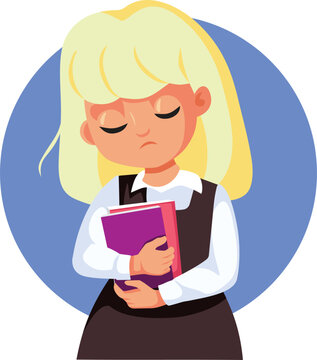 Sad Schoolgirl Holding Textbooks Looking Down In Disappointed Mood Cartoon. Vector illustration of a blonde student girl hugging books with an unhappy facial expression
 