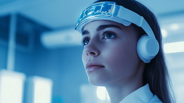 Futuristic Neural Interface Headband Worn by Scientist or Patient in High Tech Laboratory for Advanced Neuroscience and Brain Computer Interaction