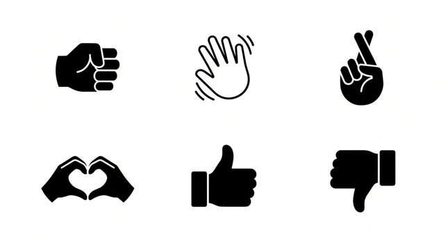 Minimal black hand gesture icon set featuring fists, waving hands, crossed fingers, heart hands, thumbs up, and thumbs down.