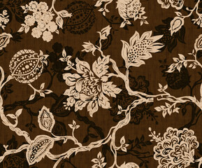 Seamless vintage Chintz floral pattern with beige Jacobean blooms, detailed vines, and ethnic motifs over a rich chocolate brown textured background. © KARMA_BELIEVER
