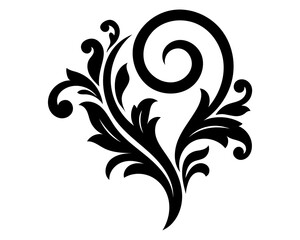 Decorative floral swirl element, elegant black silhouette ornament with ornate leaves and flourishes, artistic botanical design isolated on transparent background © WASIF-MEHMOOD